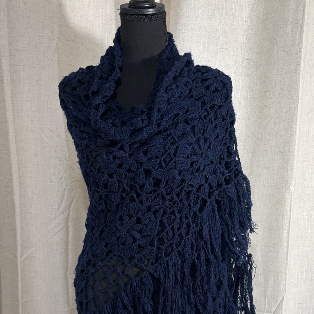 Navy Crochet Fringe Shawl Wrap - Unbranded